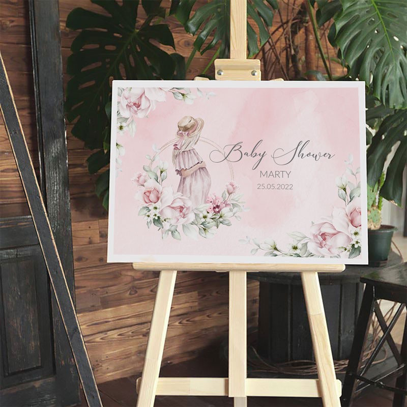 Plakat na baby shower różowe kwiaty